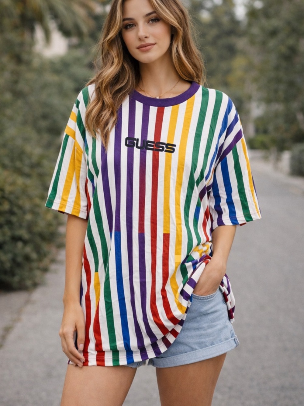 GUESS Multicolor Vertical Stripe Tee with Purple Trim